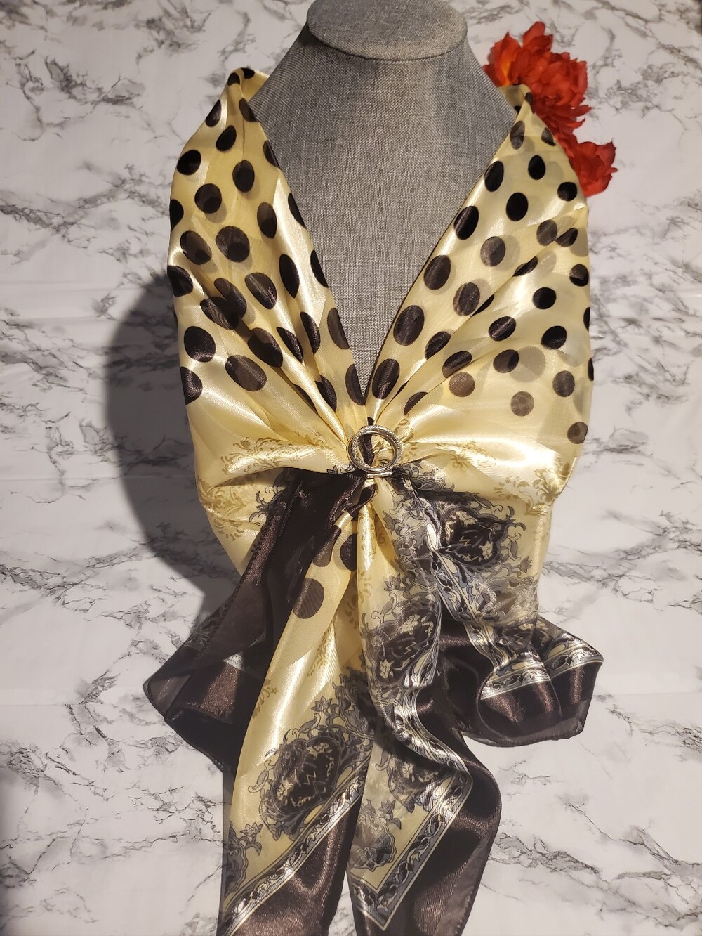Elegant Cream And Black Polka Dot Satin Scarf with  West Germany Scarf Clip
